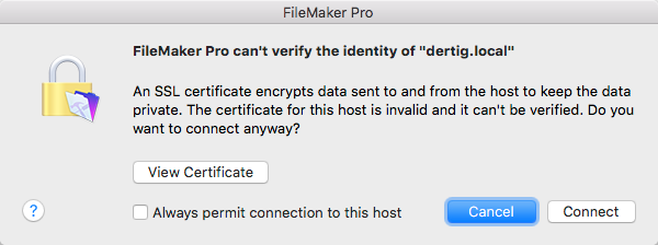 FileMaker Pro dialog when standard SSL certificate cannot be verified