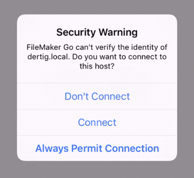 Security warning that appears the first time connecting to a FileMaker server.