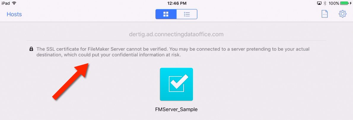 Screenshot of the warning when the SSL certificate cannot be verified