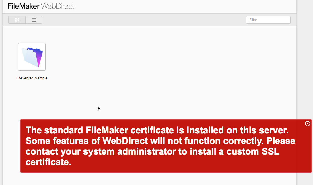 FileMaker WebDirect warning when standard SSL certificate is used