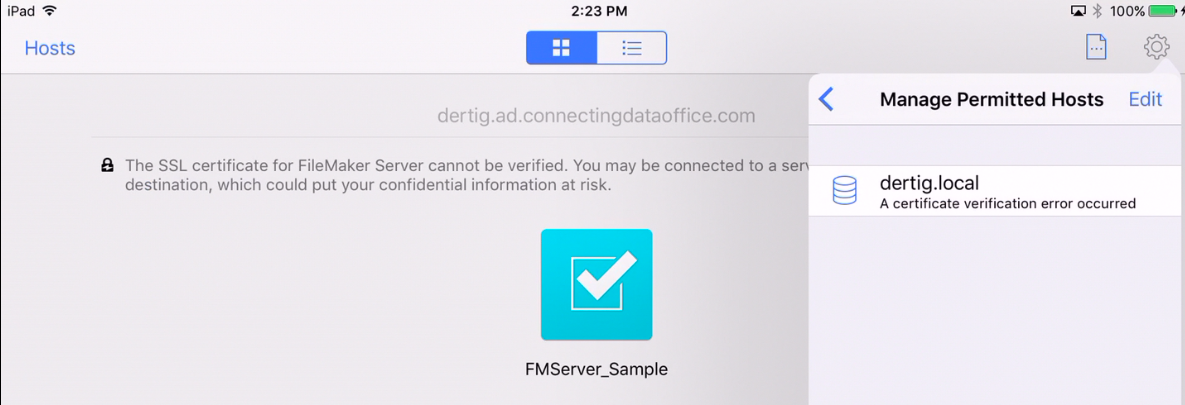 Screenshot of permissted hosts in FileMaker Go