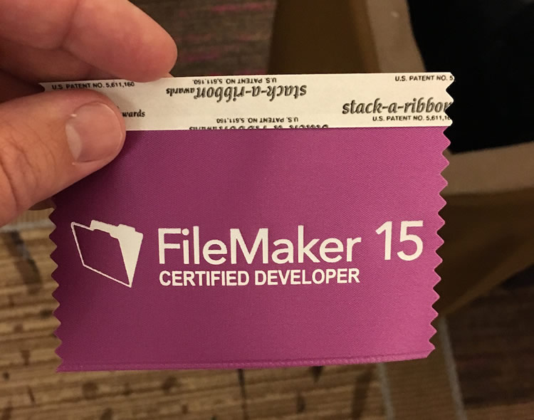 Photo of a FileMaker 15 certification ribbon