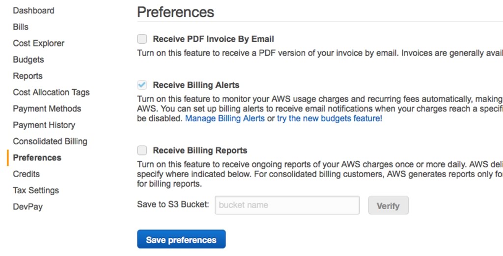Screenshot of Preferene with the "Receive Billing Alerts" checkbox marked