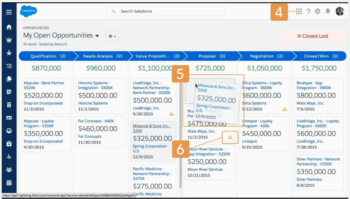 Screenshot of Lightning features - moving a card to a different stage in the staged-based Lightning UI.