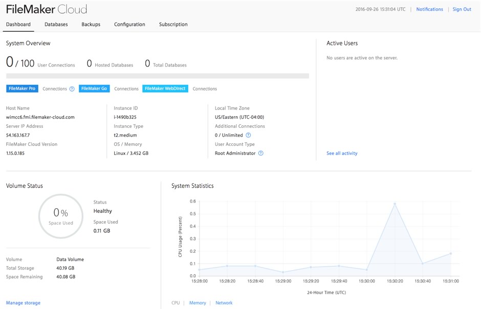 Figure 1 - FileMaker Cloud admin console