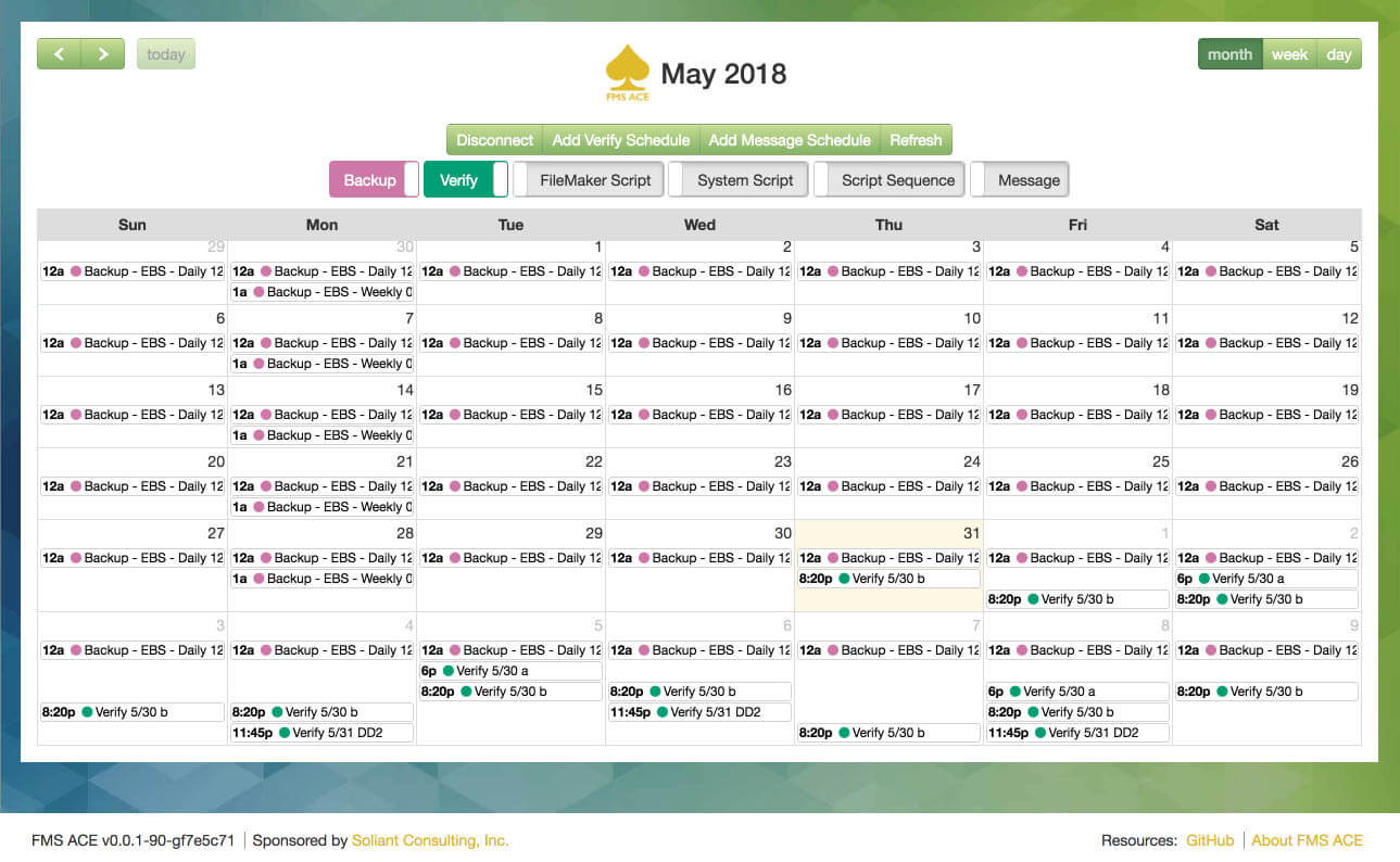 Filtered calendar to show only Backup and Verify schedules