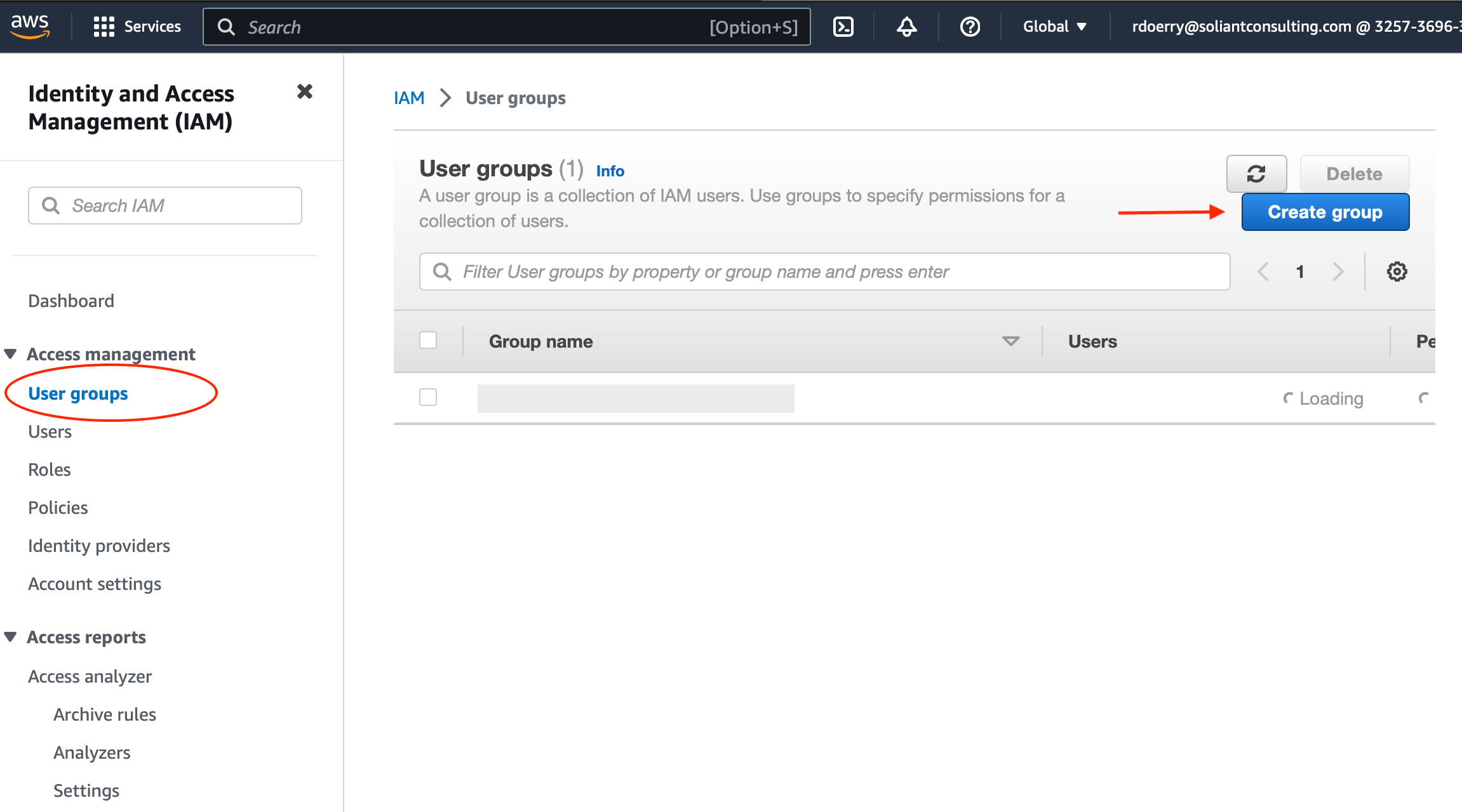 Select User groups under Access Management in the left navigation panel