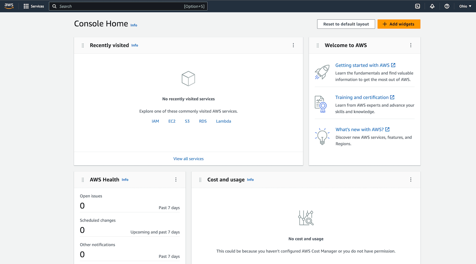 The AWS Console that appears after signing into the root account you created