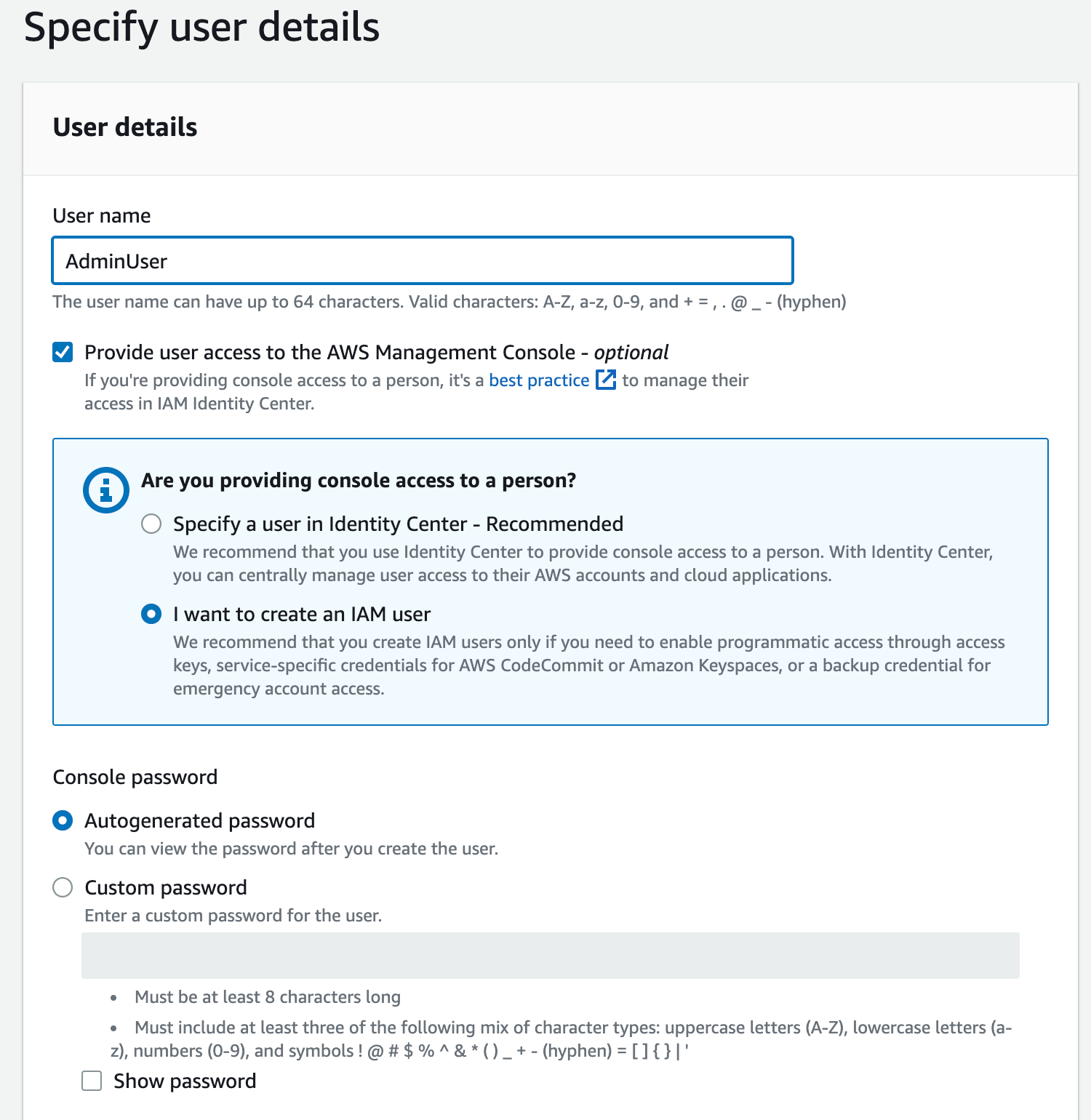 Select the 'I want to create an IAM user' option