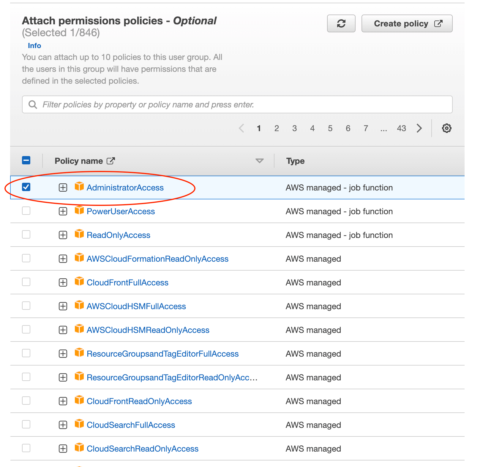 Select the 'AdministratorAccess' template policy to attach it to the group