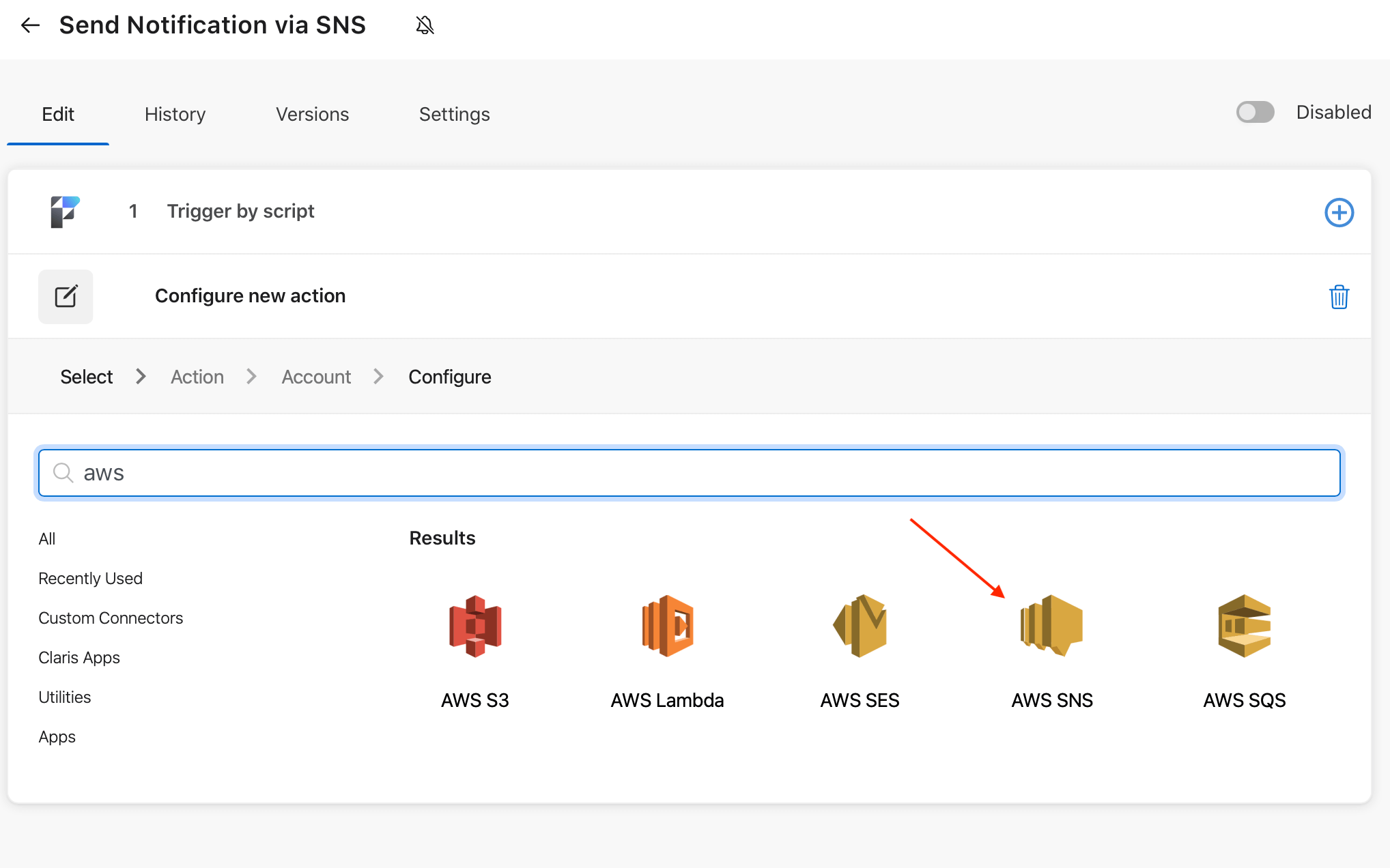 Select 'AWS SNS' to add it to the Flow