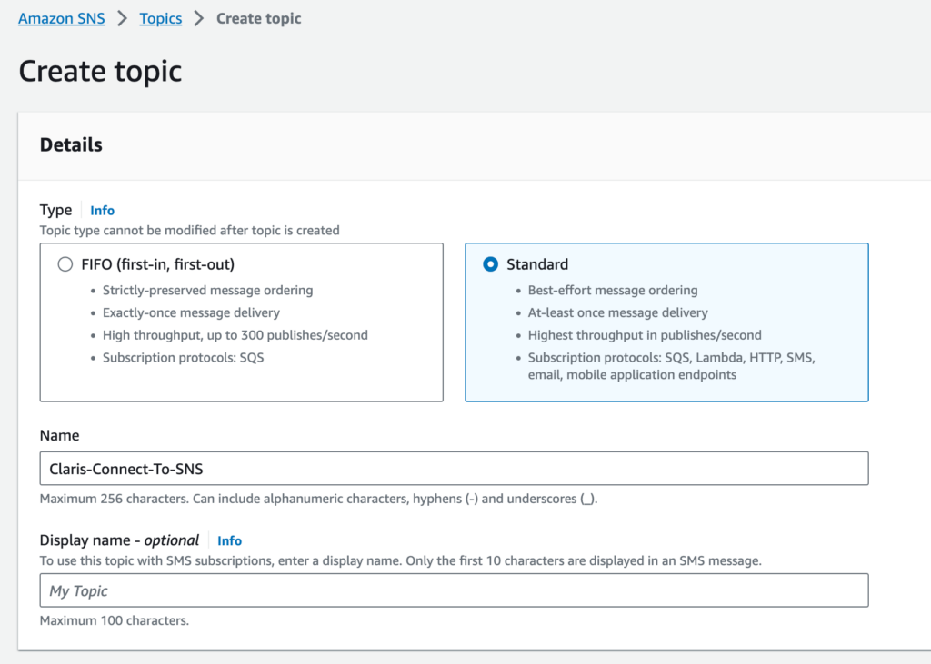 Create Topic: select Standard for the topic type