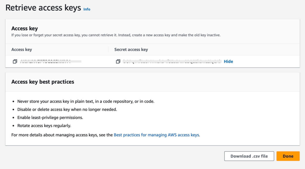 New User setup, Retrieve access keys section: Access key and Secret access key