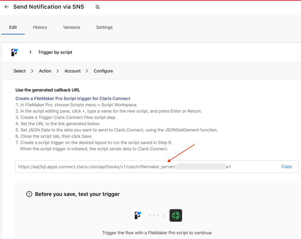 Callback URL is generated with instructions for setting up the script within your Claris FileMaker solution