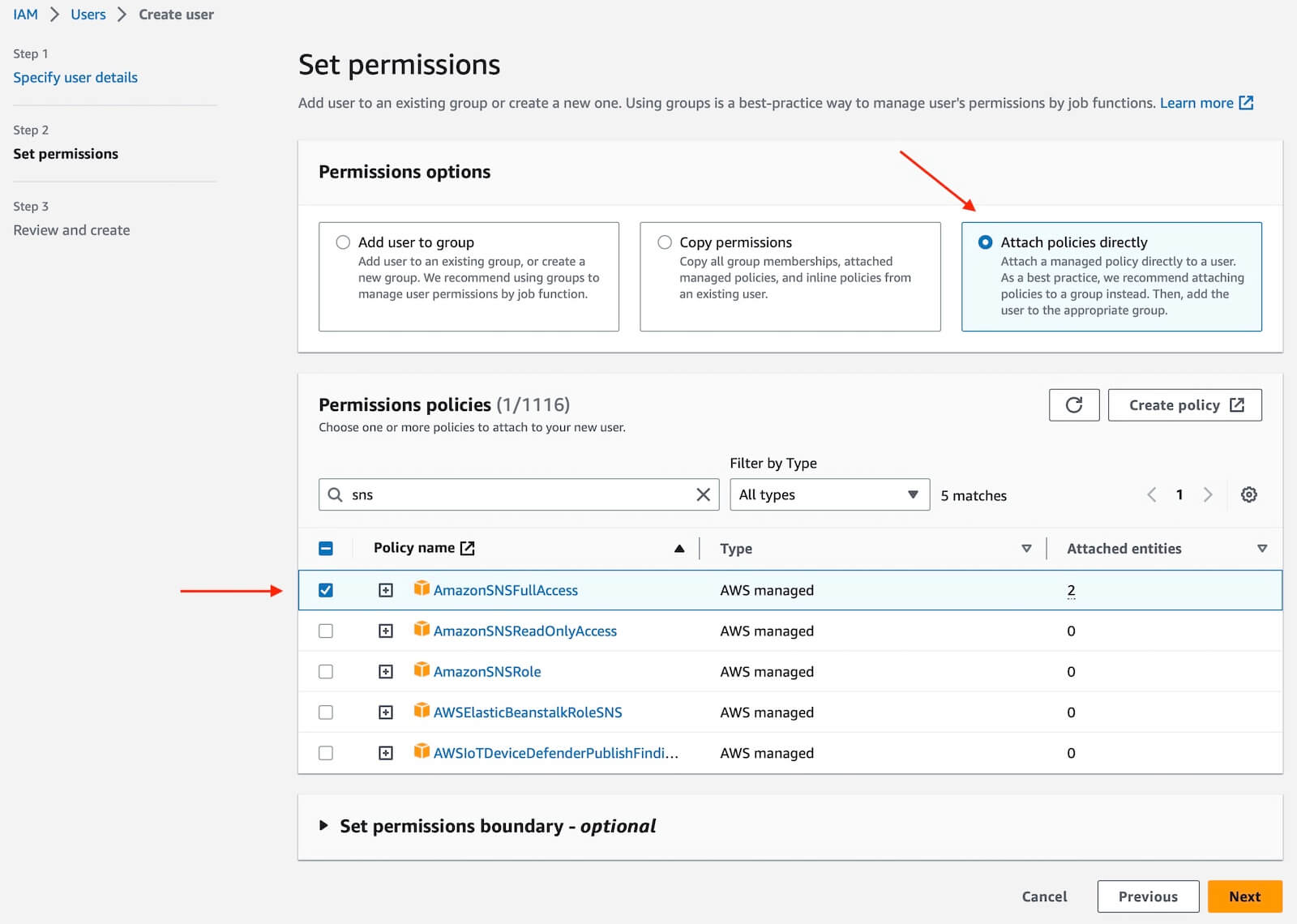 Set permissions step in setting up a new user