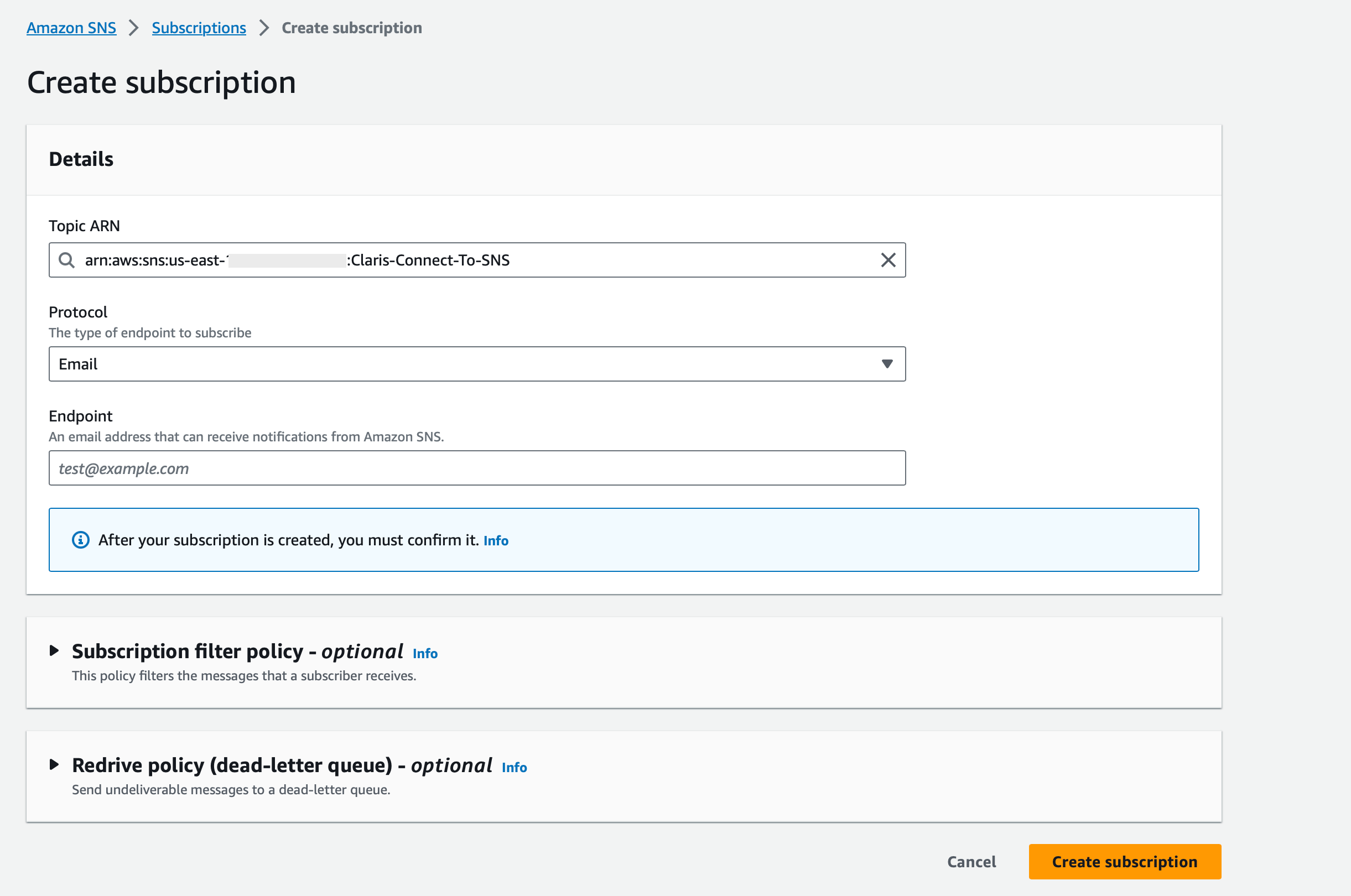 Choose the Topic you just created, the Protocol, and the corresponding Endpoint of the notification channel you wish to use.