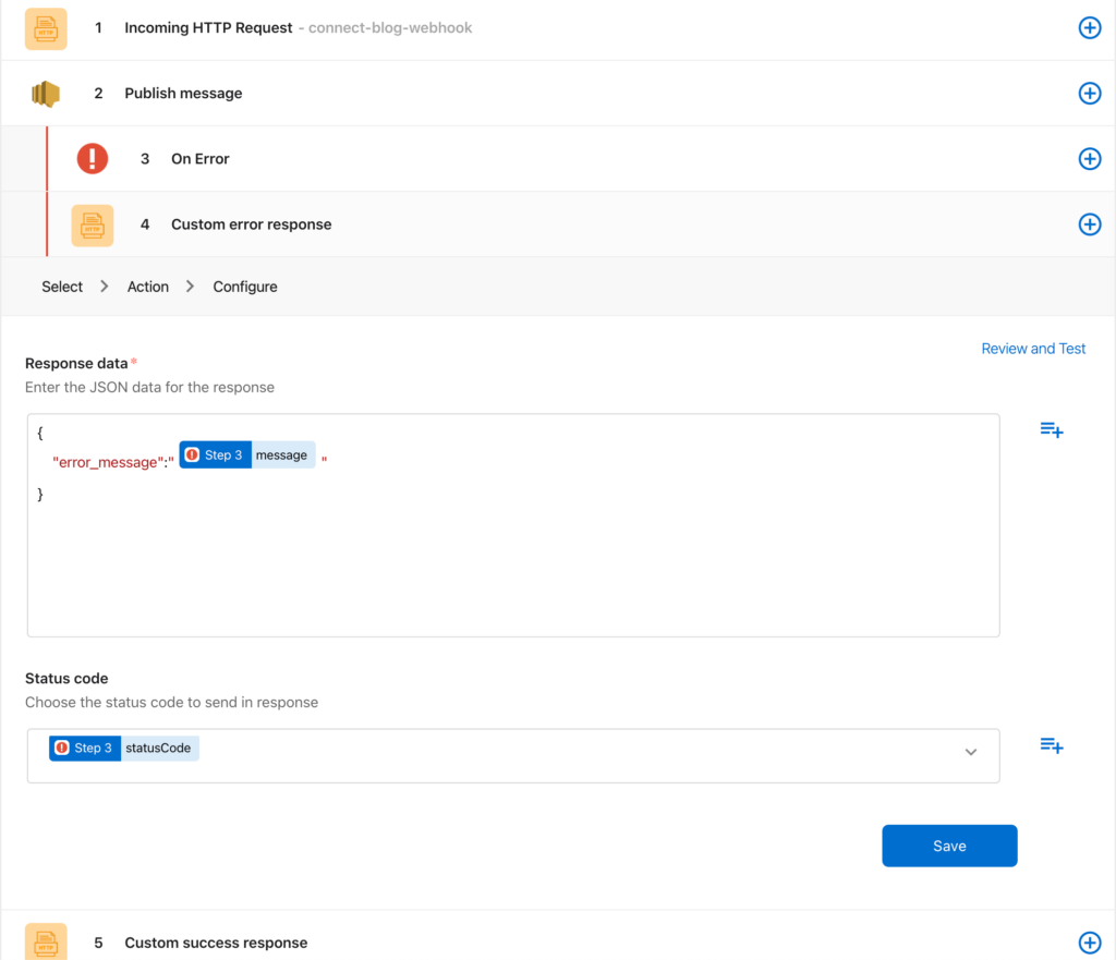 Using the step data from the 'On Error' action in the custom JSON response