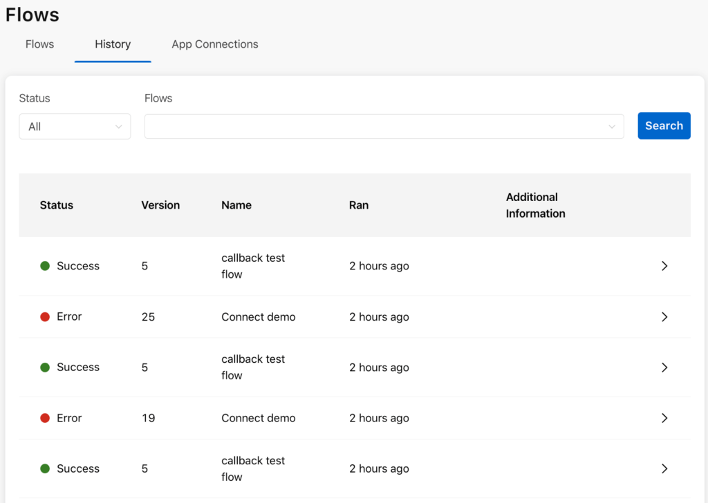 History tab - all flows