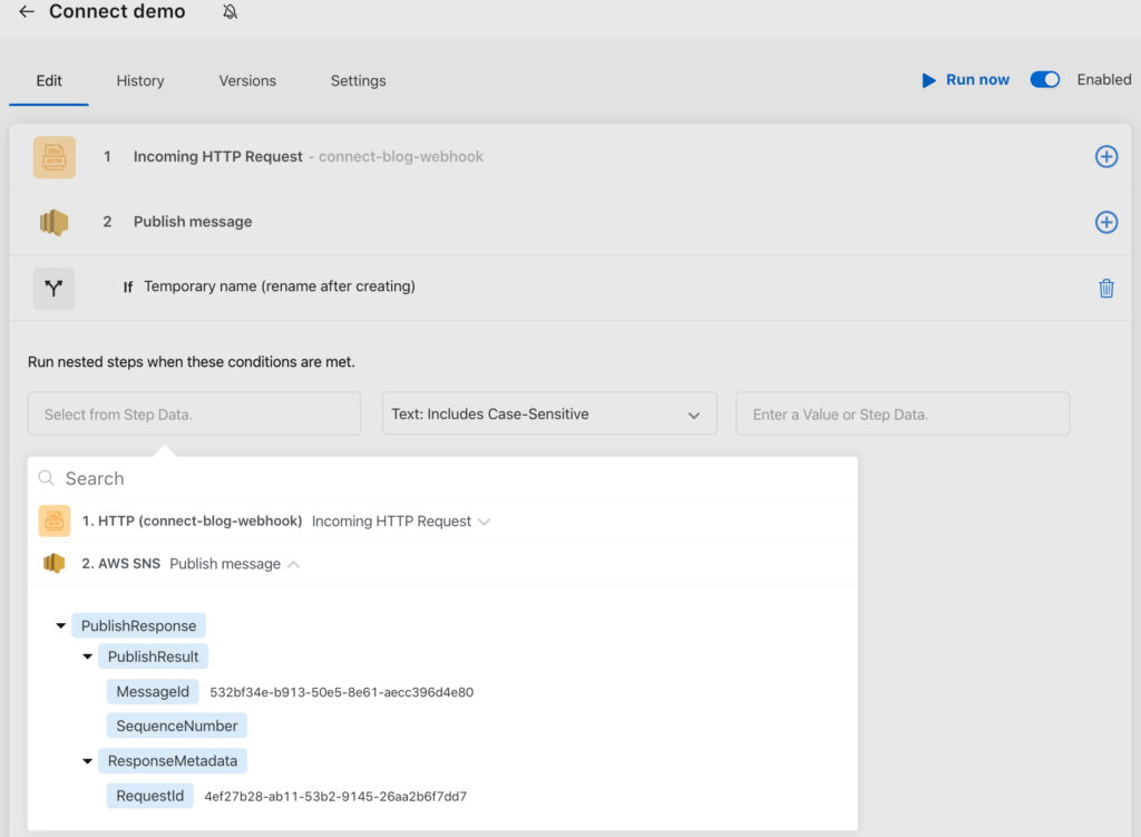 If-then step includes the data from a previous successful flow execution