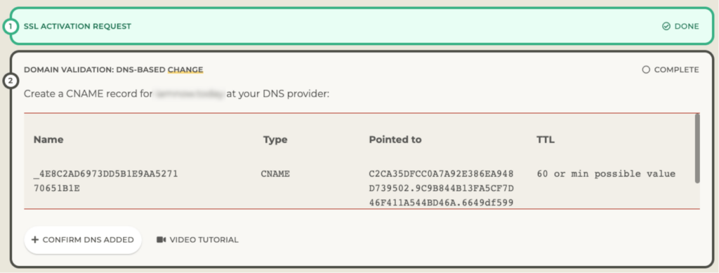 Example showing the vendor instructing you to add a CNAME record with a specific value  and target.