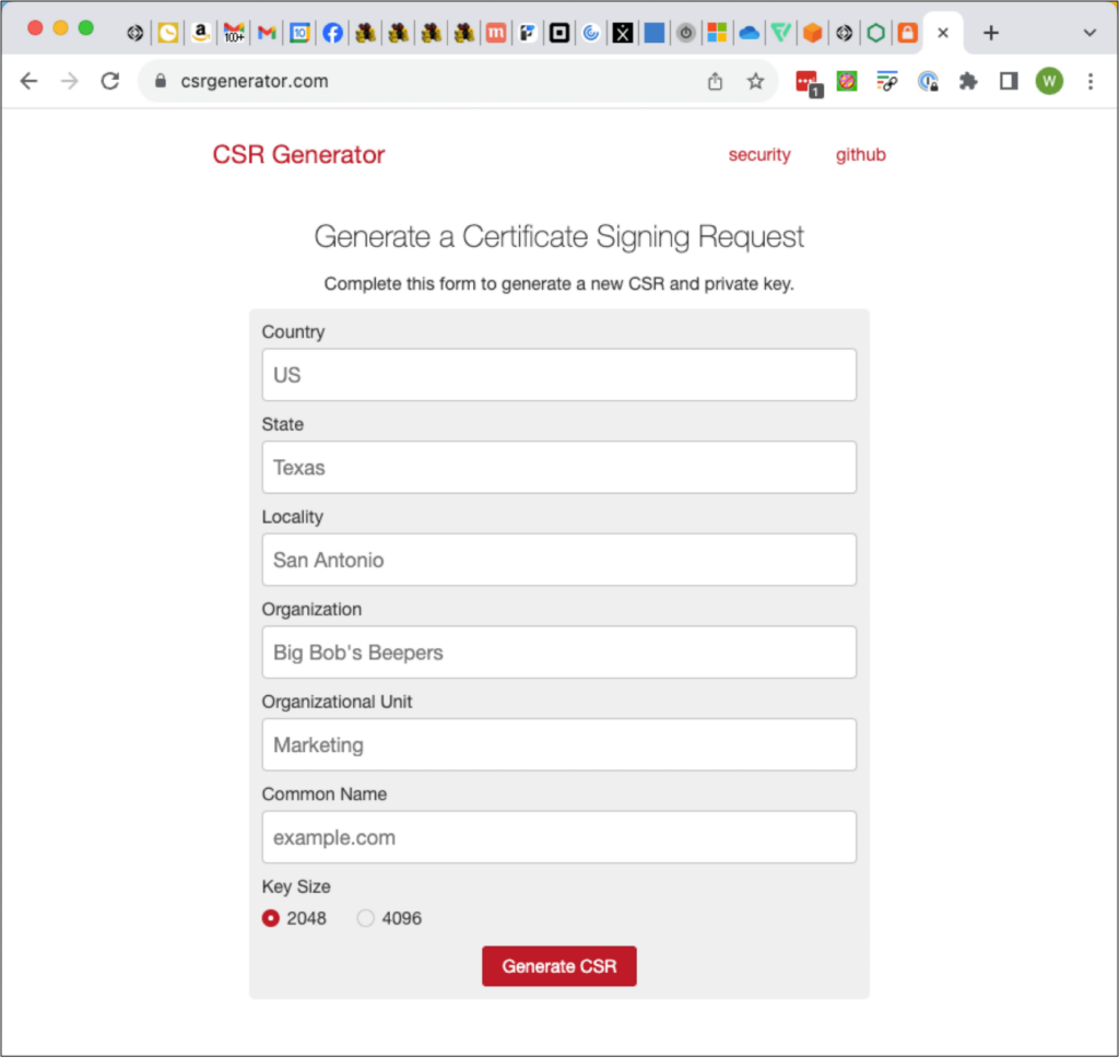 Generating a Certificate Signing Request (CSR) online.