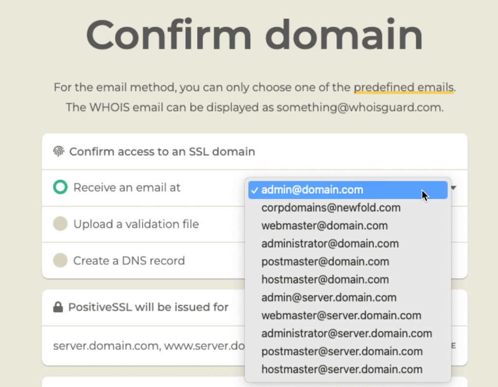 Confirm domain dialog and using the email option.