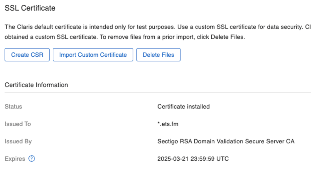 SSL certificate section of the FileMaker Admin Console.