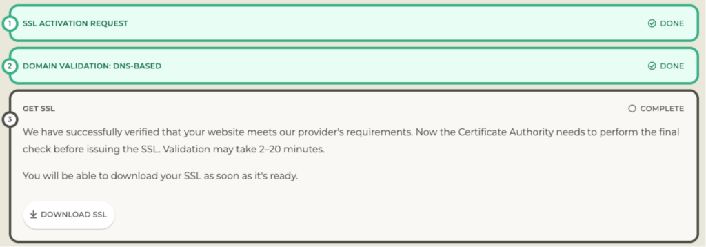 Domain validation passed; SSL certificate can be downloaded.