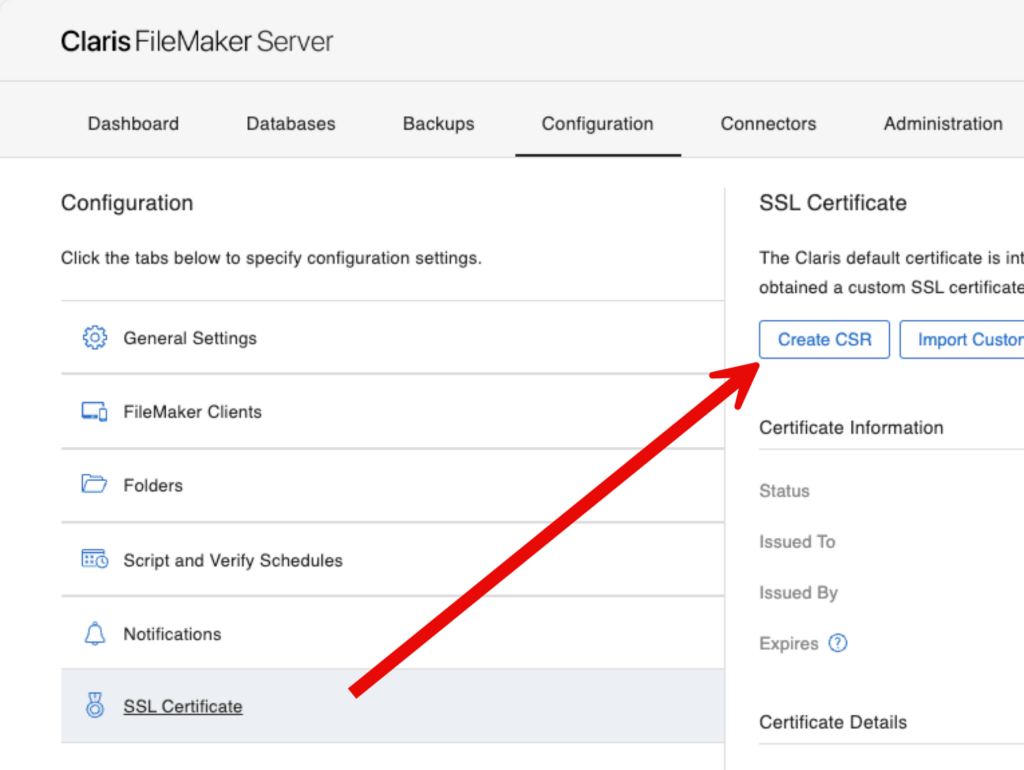 FileMaker Server admin console where you can create a Certificate Signing Request (CSR).