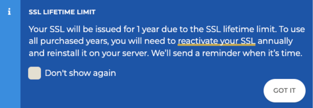 Reminder showing the SSL Lifetime Limit.