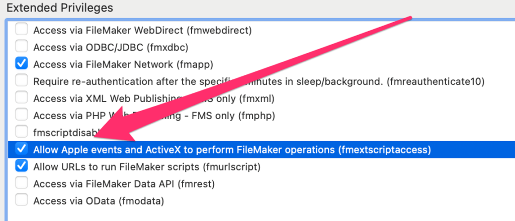 Extended Previleges showing with the 'Allow Apple events and Active X to perform FileMaker operations  (fmextscriptaccess)' checked