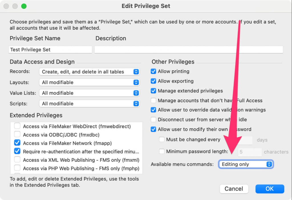 Privilege set as 'Editing Only'