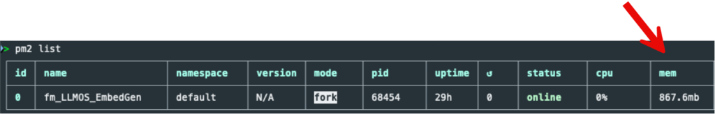 pm2 list showing the memory consumption on the model server.