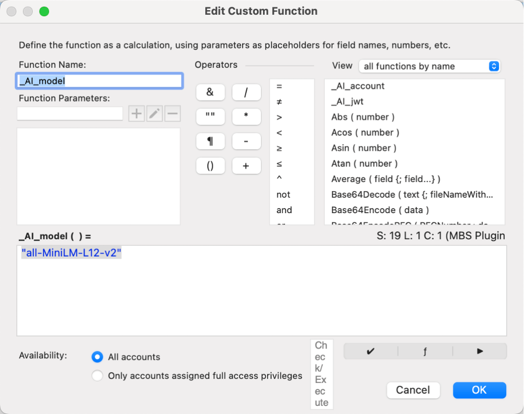 Storing the model name and account as a custom function.