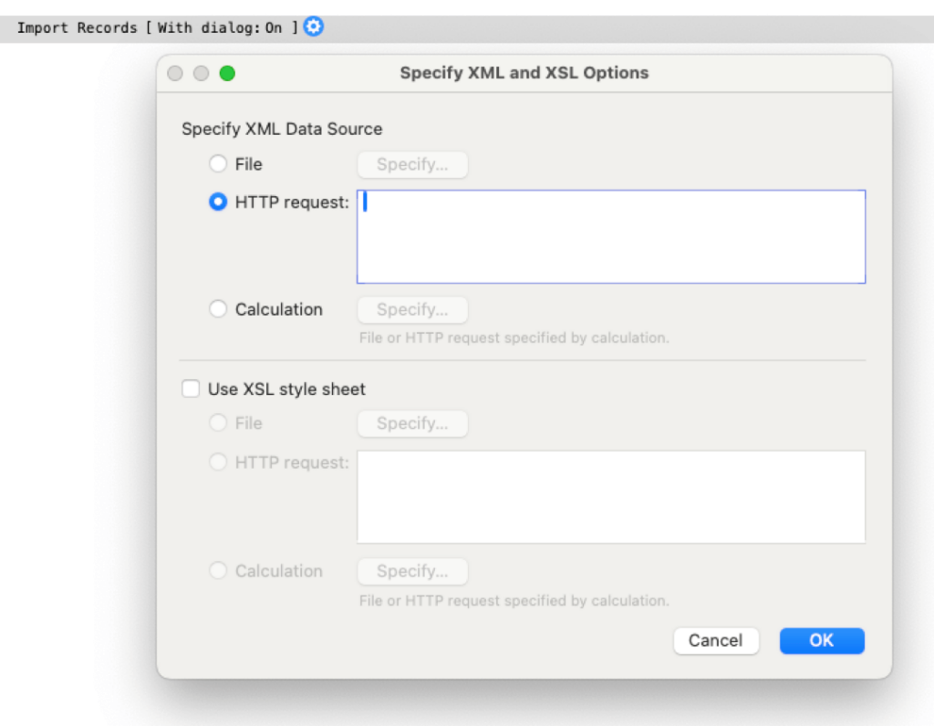 Specify XML and XSL Options dialog