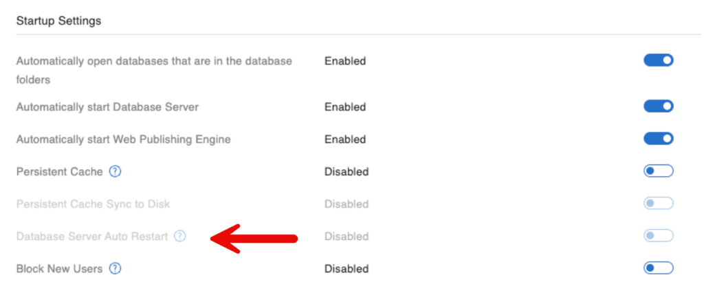 Toggle for Database Server Auto Restart added to the Startup Settings