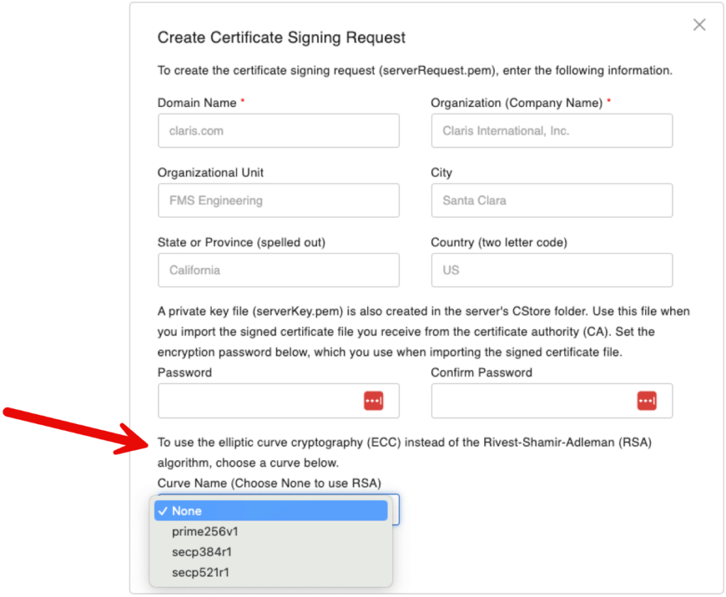 Specify the Curve Name to use the elliptic curve cryptography (ECC) instead of the Rivest-Shamir-Adleman (RSA) algorithm.