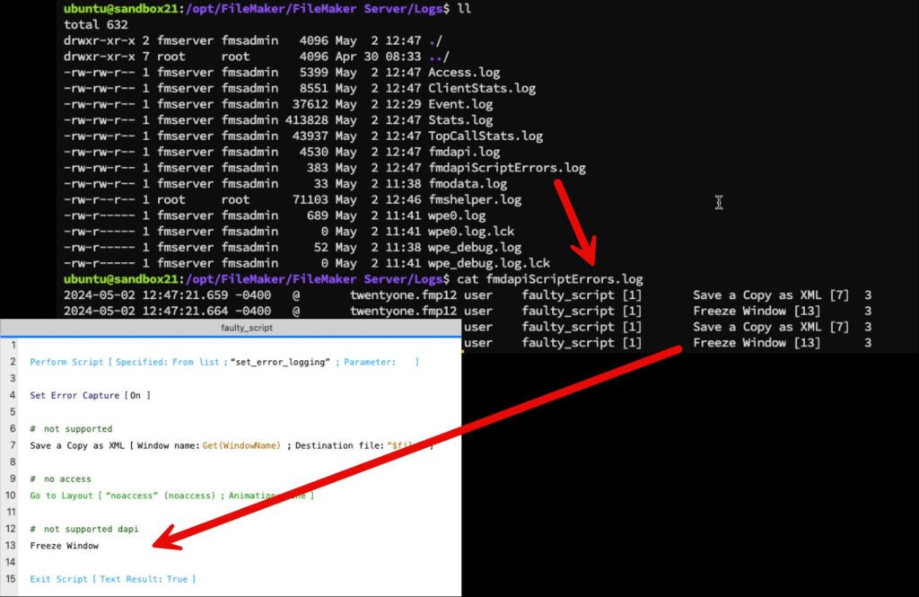 fmdapiScriptErrors.log which lists the user account, file, script name, and line number of the script that generated the error and the error number.