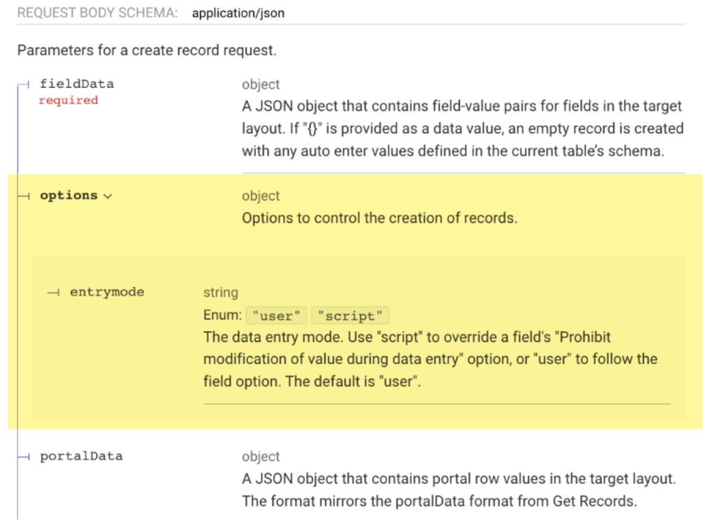 Options for 'Parameters for a create record request' shown from the Data API help section.