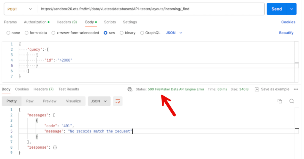 In FileMaker 20 when calling the _find endpoint and there are no records it returns the response code is 500.