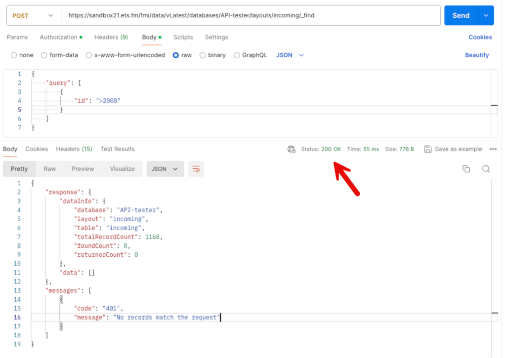 In FileMaker Server 21 calling the _find endpoint gives the response code 200