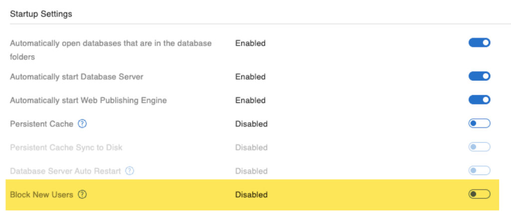 Block New Users toggle in the Startup Settings