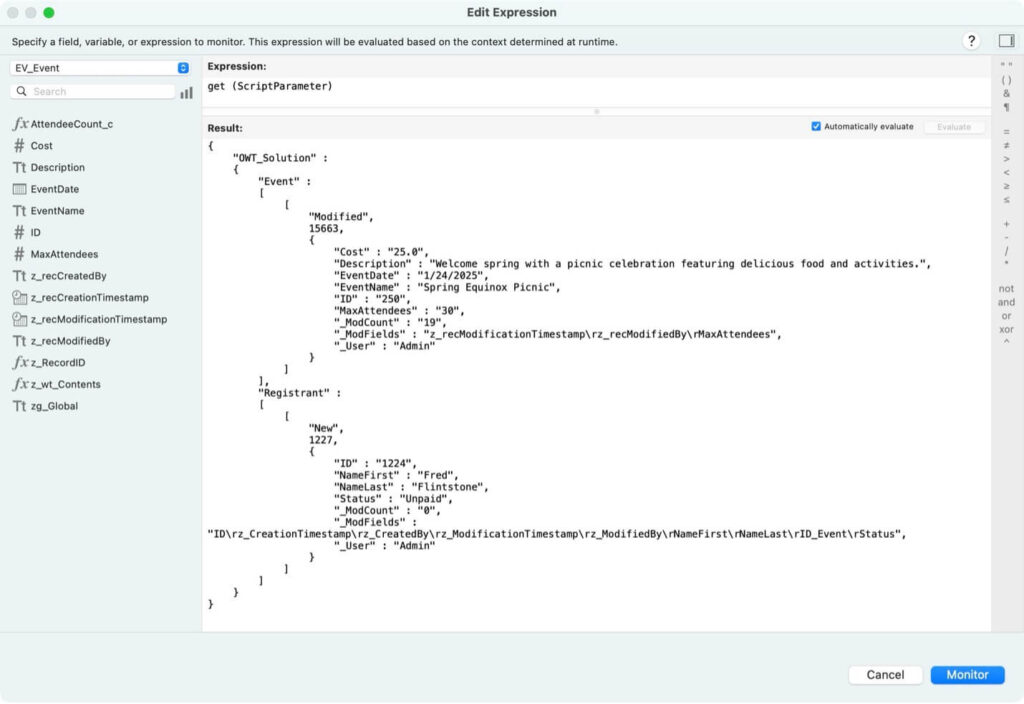 How the parameter might look if an Event is modified and a related Registration record is created in a single transaction