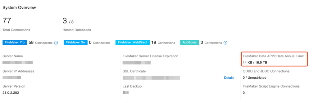 System overview highlighting FileMaker Pro Data API/OData Annual Limit in FileMaker Server 21.0.2