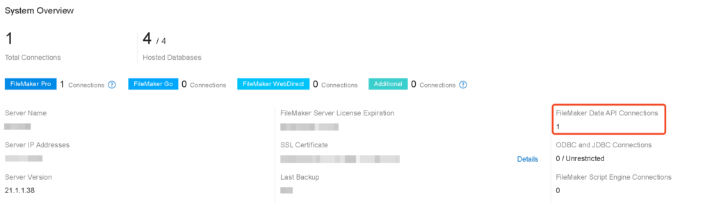 System Overview highlighting FileMaker Data API Connections in FileMaker Server 21.1