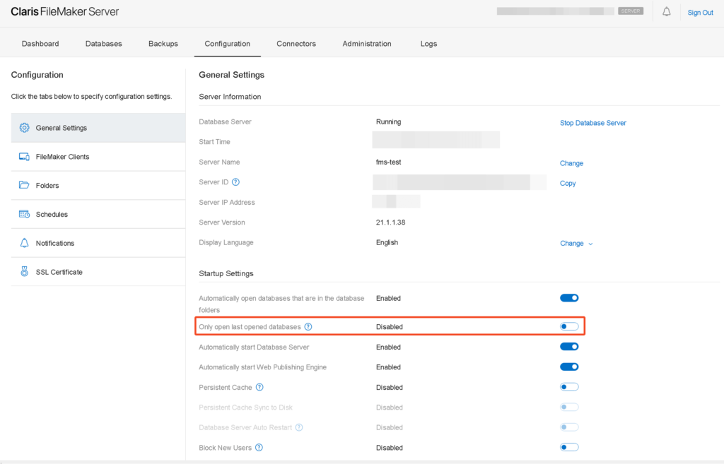 Configuration tab in the Claris FileMaker Server Admin console with 'Open only last databases' highlighted