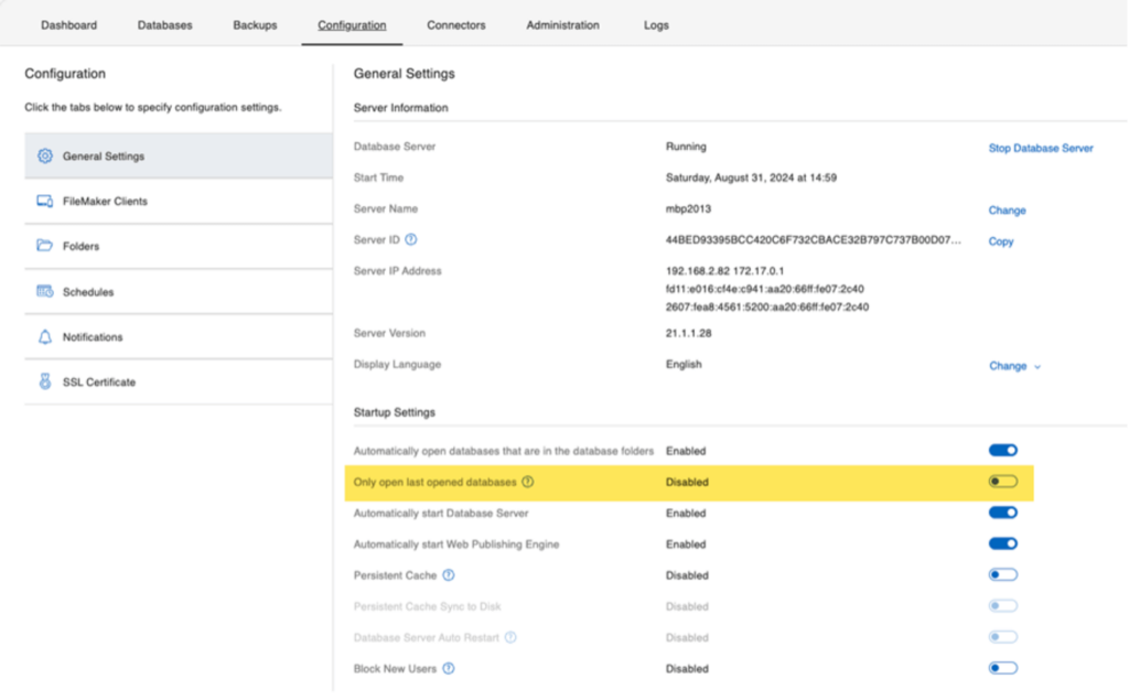 New toggle added to tell FileMaker Server only to host the files that were hosted when the server shut down.