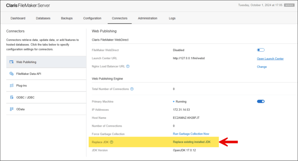 Replace or update the Java version from the Admin Console if running FileMaker Server on macOS or WIndows.