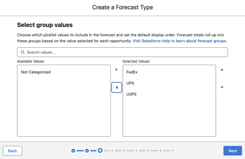 Wizard for creating a Forecast type - Select group values