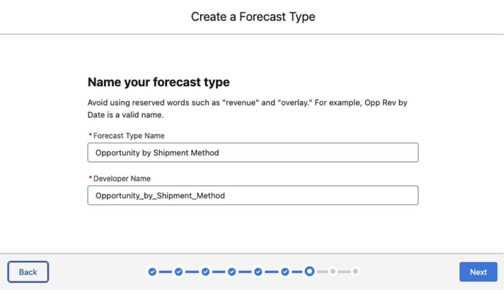 Wizard for creating a Forecast type - Name your forecast type